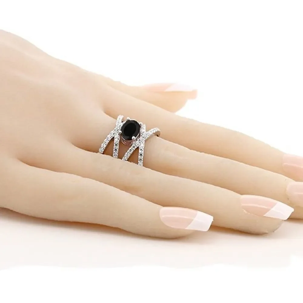 .925 Sterling Silver with Natural Black Onyx and Diamond Cubic Zirconia Ring